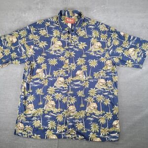 Pau Hana Hawaii Mens XL Blue Palm Tree Hut Cotton Viscose Aloha Shirt‎